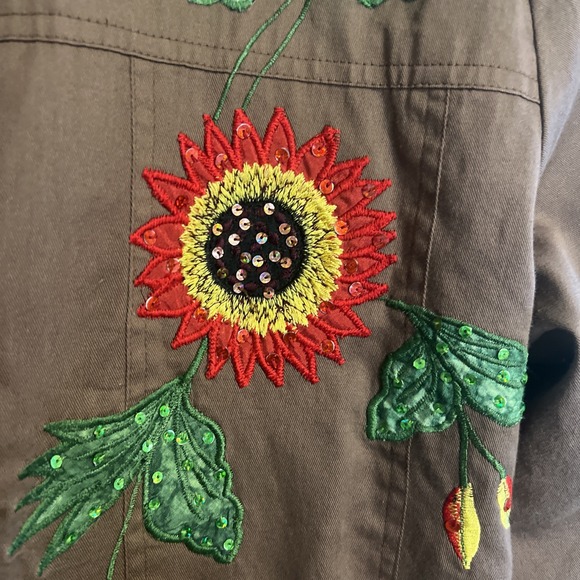 VTG 90s Tapestry Patch Brown Sequin Embroidered Sunflower Shirt Jacket Large - Picture 4 of 8